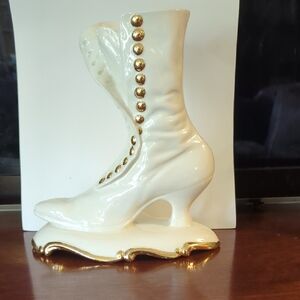 Victodian Style Vintage Ceramic Boot Vase with Gold Accents